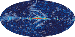 Q-Band Map (41 GHz) - Full-sky Temperature Maps -Polarized Light - The color represents the strength of the polarized signal seen by WMAP - red strong/blue weak. The signal seen in these maps comes mostly from our Galaxy. It is strongest at 23 GHz, weakest at 61 and 94 GHz.This multi-frequency data is used to subtract the Galactic signal and produce the CMB map shown (top of this page). These images show a temperature range of 50 microKelvin.