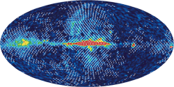 Ka-Band Map (33 GHz) - Full-sky Temperature Maps -Polarized Light - The color represents the strength of the polarized signal seen by WMAP - red strong/blue weak. The signal seen in these maps comes mostly from our Galaxy. It is strongest at 23 GHz, weakest at 61 and 94 GHz.This multi-frequency data is used to subtract the Galactic signal and produce the CMB map shown (top of this page). These images show a temperature range of 50 microKelvin.