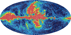 K-Band Map (23 GHz) - Full-sky Temperature Maps -Polarized Light - The color represents the strength of the polarized signal seen by WMAP - red strong/blue weak. The signal seen in these maps comes mostly from our Galaxy. It is strongest at 23 GHz, weakest at 61 and 94 GHz.This multi-frequency data is used to subtract the Galactic signal and produce the CMB map shown (top of this page). These images show a temperature range of 50 microKelvin.