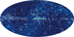 V-Band Map (61 GHz) - Full-sky Temperature Maps -Polarized Light - The color represents the strength of the polarized signal seen by WMAP - red strong/blue weak. The signal seen in these maps comes mostly from our Galaxy. It is strongest at 23 GHz, weakest at 61 and 94 GHz.This multi-frequency data is used to subtract the Galactic signal and produce the CMB map shown (top of this page). These images show a temperature range of 50 microKelvin.