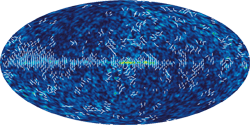 W-Band Map ( 94 GHz) - Full-sky Temperature Maps -Polarized Light - The color represents the strength of the polarized signal seen by WMAP - red strong/blue weak. The signal seen in these maps comes mostly from our Galaxy. It is strongest at 23 GHz, weakest at 61 and 94 GHz.This multi-frequency data is used to subtract the Galactic signal and produce the CMB map shown (top of this page). These images show a temperature range of 50 microKelvin.