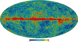 نقشه‌ي دماي تمام آسمان - V-Band Map (61 GHz) - WMAP Full-sky Temperature Maps - full-sky maps of the cosmic microwave background anisotropy and foreground signal from our galaxy (in red) - The 5 frequency maps are constructed from the differential time-ordered observations of the ten WMAP differencing assemblies. Galactic foreground is stongest in K band, weakest in V and W bands.