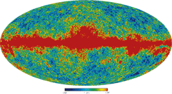 نقشه‌ي دماي تمام آسمان - Ka-Band Map (33 GHz) - WMAP Full-sky Temperature Maps - full-sky maps of the cosmic microwave background anisotropy and foreground signal from our galaxy (in red) - The 5 frequency maps are constructed from the differential time-ordered observations of the ten WMAP differencing assemblies. Galactic foreground is stongest in K band, weakest in V and W bands.