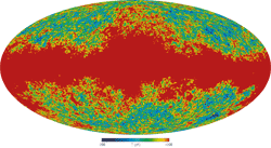 نقشه‌ي دماي تمام آسمان - K-Band Map (23 GHz) - WMAP Full-sky Temperature Maps - full-sky maps of the cosmic microwave background anisotropy and foreground signal from our galaxy (in red) - The 5 frequency maps are constructed from the differential time-ordered observations of the ten WMAP differencing assemblies. Galactic foreground is stongest in K band, weakest in V and W bands.