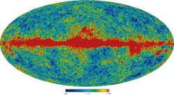 نقشه‌ي دماي تمام آسمان - Q-Band Map (41 GHz) - WMAP Full-sky Temperature Maps - full-sky maps of the cosmic microwave background anisotropy and foreground signal from our galaxy (in red) - The 5 frequency maps are constructed from the differential time-ordered observations of the ten WMAP differencing assemblies. Galactic foreground is stongest in K band, weakest in V and W bands.