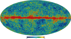 نقشه‌ي دماي تمام آسمان - W-Band Map (94 GHz) - WMAP Full-sky Temperature Maps - full-sky maps of the cosmic microwave background anisotropy and foreground signal from our galaxy (in red) - The 5 frequency maps are constructed from the differential time-ordered observations of the ten WMAP differencing assemblies. Galactic foreground is stongest in K band, weakest in V and W bands.