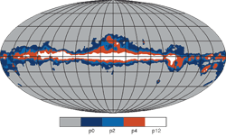 WMAP Intensity Masks - Intensity Masks - WMAP uses a set of standard sky masks for certain data processing and analysis needs. The masking is based on the K-band signal levels, which each successive mask increasing the severity of the masking cut. The most severe cut is Kp0. Not shown are additional cuts made around point sources.