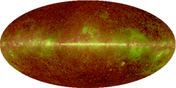 WMAP Foreground Model Maps, 3-color images - K-Band Map (23 GHz) - Logarithmic scale - Three-color maps from the Maximum Entropy Method (MEM) model for the 5 WMAP frequency bands. These maps indicate which emission mechanism dominates as a function of frequency and sky position. Synchrotron is red, free-free is green, and thermal dust is blue.