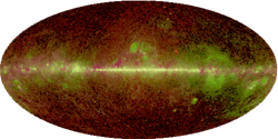 WMAP Foreground Model Maps, 3-color images - Ka-Band Map (33 GHz) - Logarithmic scale - Three-color maps from the Maximum Entropy Method (MEM) model for the 5 WMAP frequency bands. These maps indicate which emission mechanism dominates as a function of frequency and sky position. Synchrotron is red, free-free is green, and thermal dust is blue.