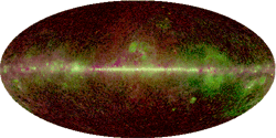 WMAP Foreground Model Maps, 3-color images - Q-Band Map (41 GHz) - Logarithmic scale - Three-color maps from the Maximum Entropy Method (MEM) model for the 5 WMAP frequency bands. These maps indicate which emission mechanism dominates as a function of frequency and sky position. Synchrotron is red, free-free is green, and thermal dust is blue.