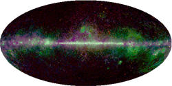 WMAP Foreground Model Maps, 3-color images - V-Band Map (61 GHz) - Logarithmic scale - Three-color maps from the Maximum Entropy Method (MEM) model for the 5 WMAP frequency bands. These maps indicate which emission mechanism dominates as a function of frequency and sky position. Synchrotron is red, free-free is green, and thermal dust is blue.