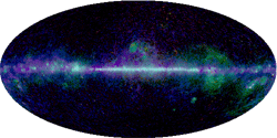 WMAP Foreground Model Maps, 3-color images - W-Band Map (94 GHz) - Logarithmic scale - Three-color maps from the Maximum Entropy Method (MEM) model for the 5 WMAP frequency bands. These maps indicate which emission mechanism dominates as a function of frequency and sky position. Synchrotron is red, free-free is green, and thermal dust is blue.