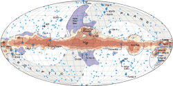 Objects in the Microwave sky - Microwave sky overlay - A guide to the microwave sky for reference. This picture shows the large-scale emission from the Milky Way galaxy, including some of its notable components such as the Cygnus complex, the North Polar Spur, the Gum region, etc. The small circles show positions of significant microwave point sources. The brighter sources are labeled for reference.